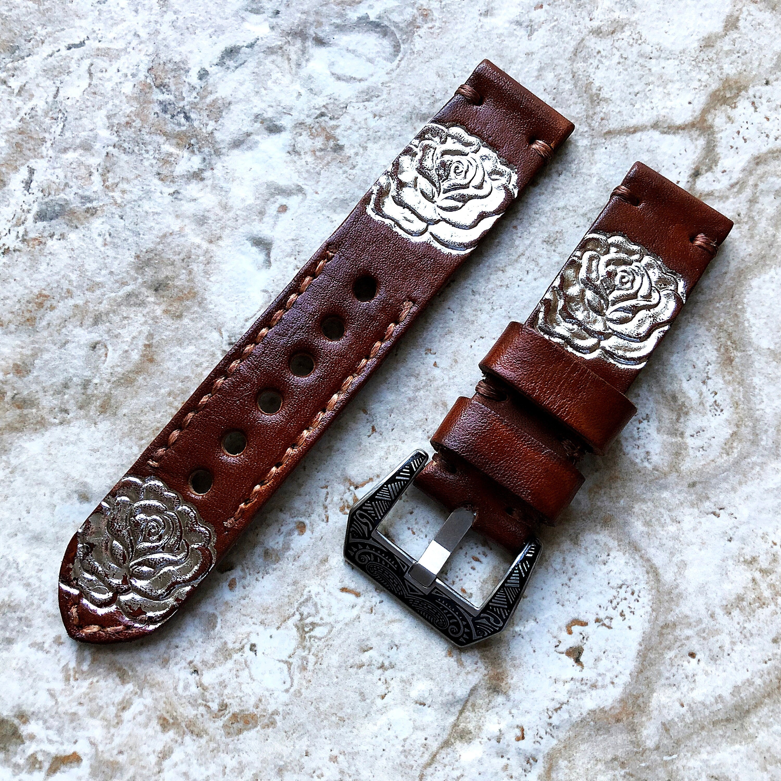 Rose Flower Band 22mm 24mm 25mm Compatible with Apple Watch Fitbit Versa 2 3 4 Sense 2 Ionic Accented Embossed Real Leather Handmade Strap